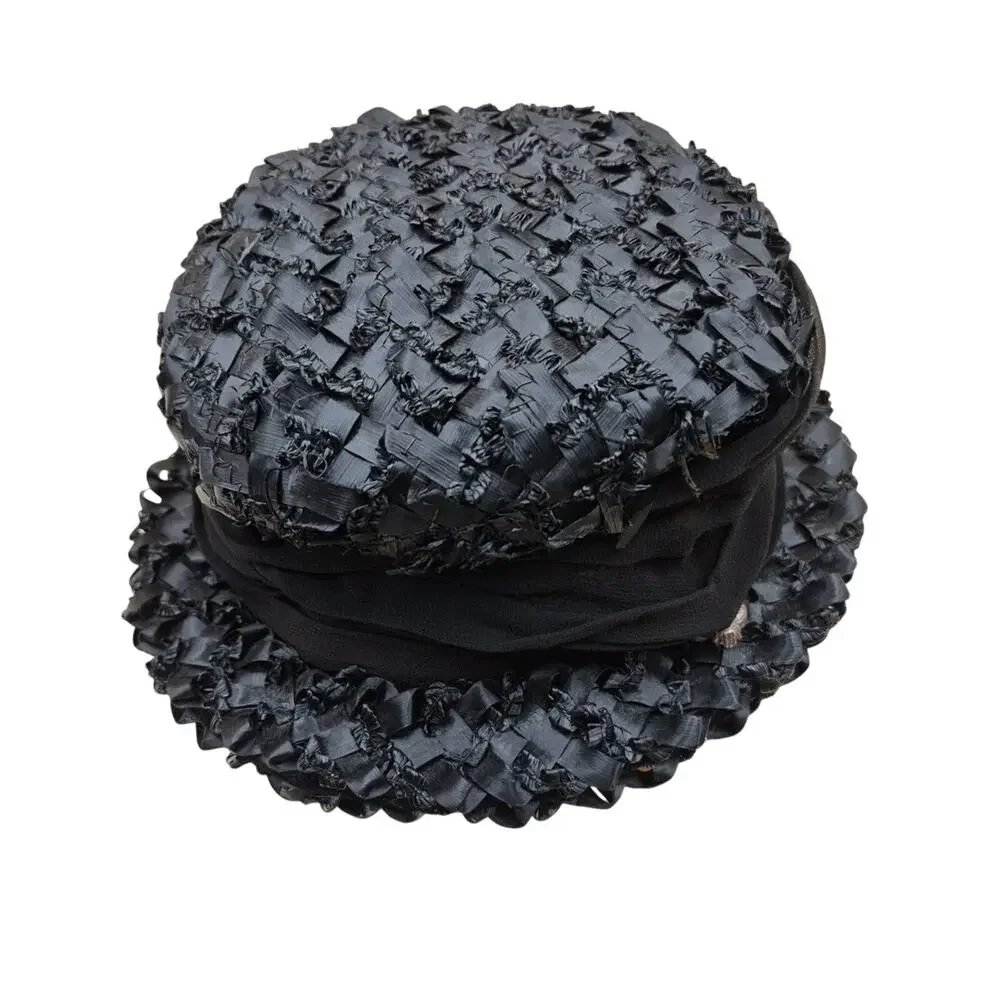 Vintage Womens Black Straw Trilby Hat with Pearl & Rhinestone Pin Accent Small